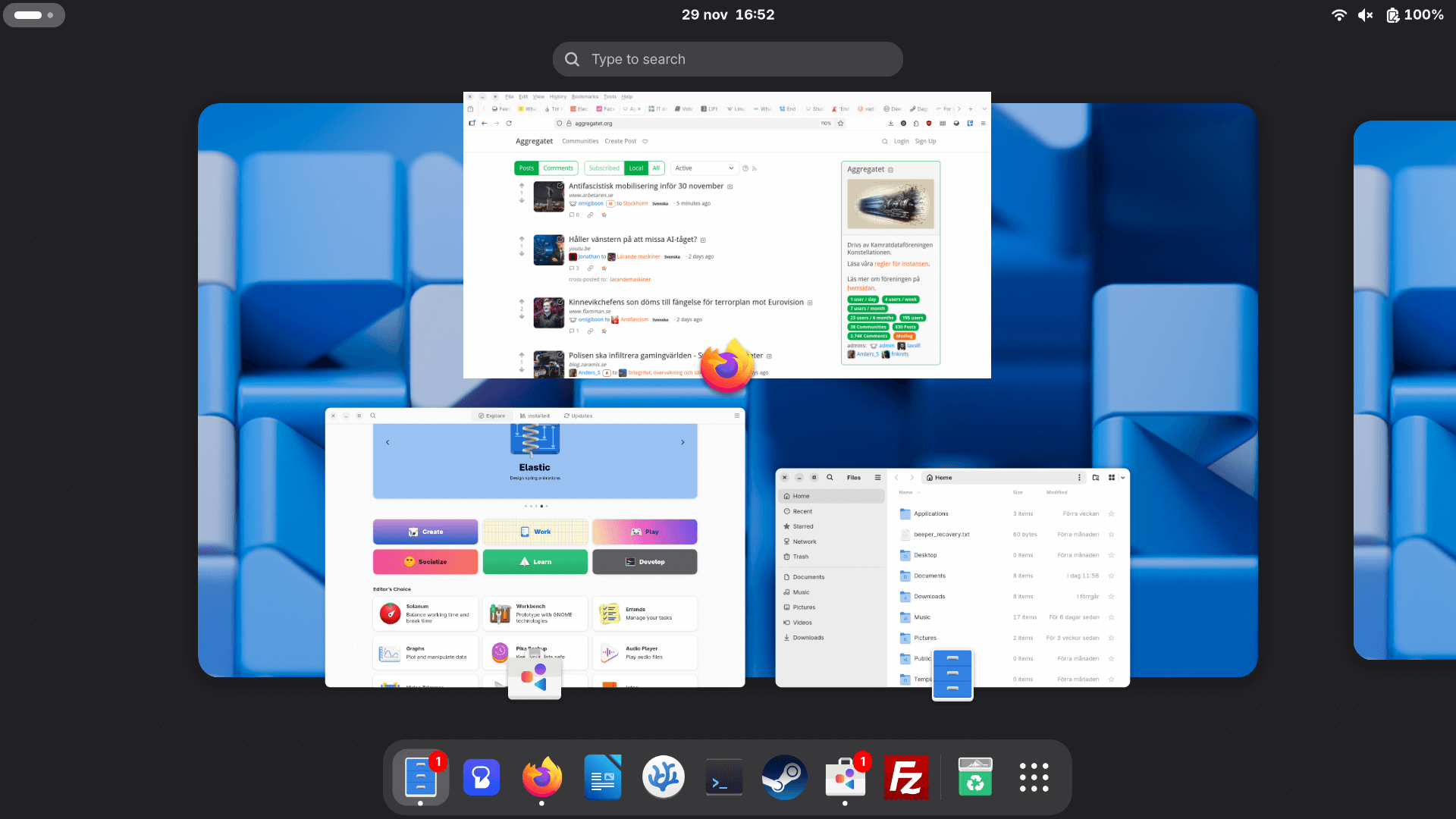 Skärmdump av Fedora med skrivbordsmiljön GNOME.
