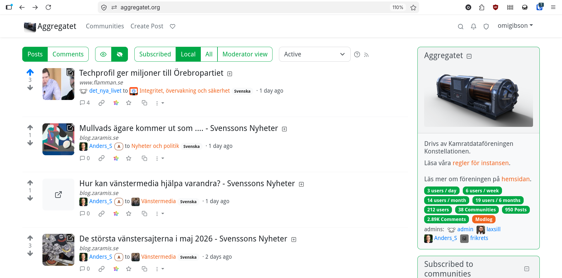 Skärmdump av Lemmy i inloggat läge i webbklienten. Det lokala flödet visas.
